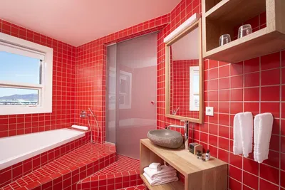 Фото ванной комнаты с яркими красно-белыми элементами