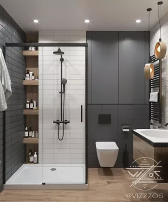 Бело-серая ванная комната с яркими акцентами на фото