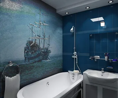 Фотография ванной комнаты в бело-синей цветовой гамме