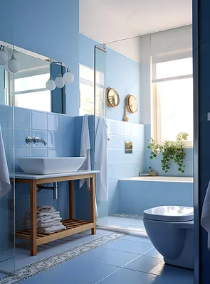 Стильная ванная комната в бело-синей гамме