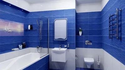 Фото: бело-синяя ванная комната с оригинальным дизайном