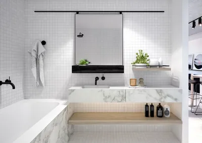 Новое изображение белого кафеля в ванной комнате.