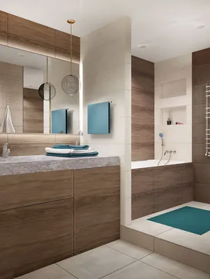 Дизайнерская ванная комната с бежевой ванной