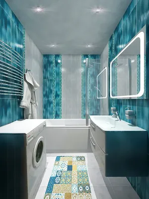 Фото с ванной комнатой, украшенной бирюзовой плиткой