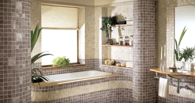 Стильные ванные комнаты с использованием бордовой плитки