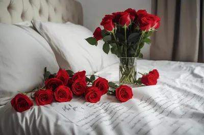 Фото букета роз на кровати - красивая картинка jpg