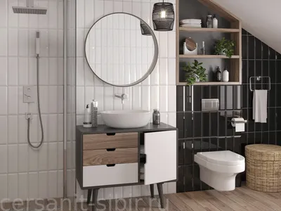 Фото ванной комнаты с черной плиткой и минималистичным дизайном