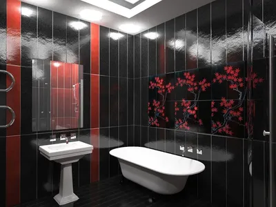 Фото ванной комнаты с черными плитками и красными акцентами