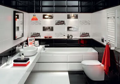 Фотографии ванной комнаты с черными сантехническими приборами и красными аксессуарами