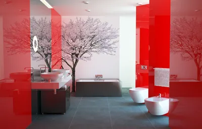 Фото ванной комнаты с черными и красными декоративными элементами