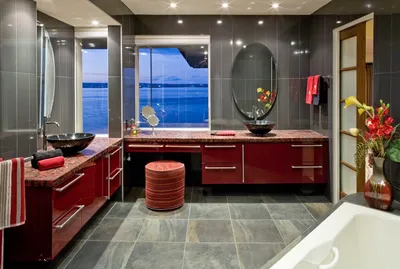Фото ванной комнаты в черно-красных тонах: необычный дизайн