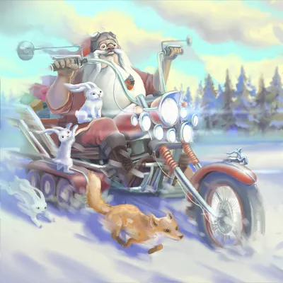 Фото Деда мороза на мотоцикле с трехмерными эффектами