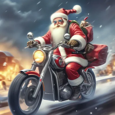 Фотография Деда мороза на мотоцикле в отличном качестве