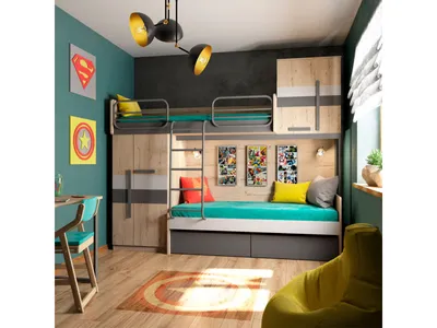 Фото детской комнаты с двухъярусной кроватью с разными вариантами расположения мебели