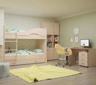 Фото детской комнаты с двухъярусной кроватью с использованием разных видов обоев и покрытий