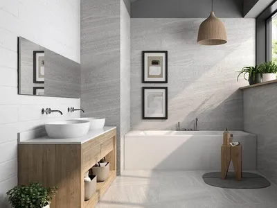 21) Фото керамической плитки в ванной комнате с разными фасадами