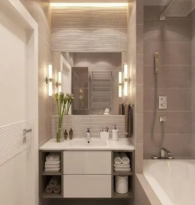 Фото дизайна маленькой ванной комнаты с плиткой №1