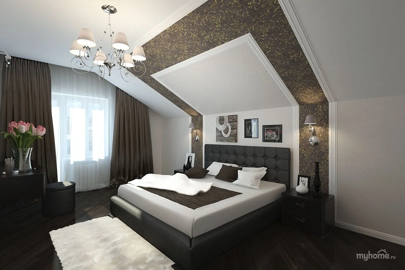 Дизайн спальни с черным натяжным потолком | 