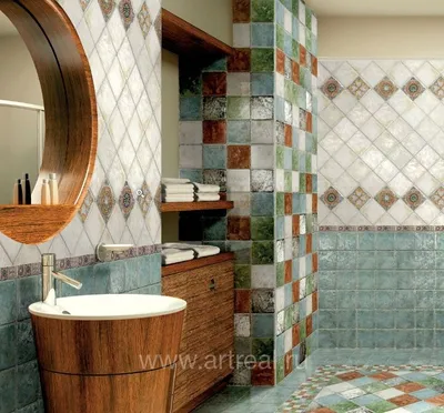 27) Фото укладки кафеля в ванной с использованием плиток разных стилей