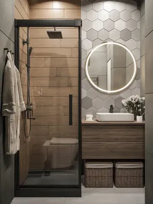 Фотография узкой ванной комнаты с душевой кабиной с эргономичным дизайном