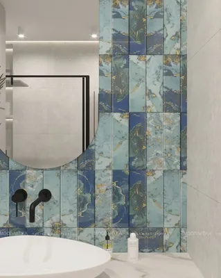 Фото ванной комнаты в бирюзовом цвете с встроенными полками