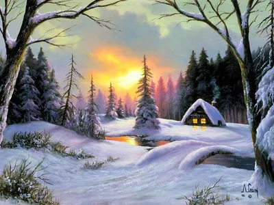 Зимний этюд: Изображение домика с возможностью выбора размера и формата