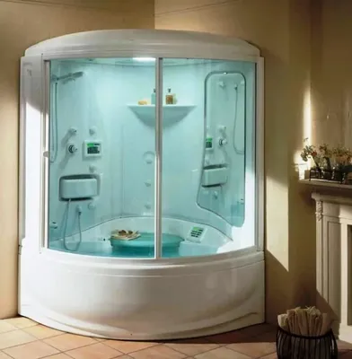 Душевая кабина в ванной: фото с эффектом мрамора