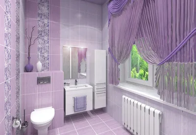 Фото фиолетовой ванной комнаты с удобной мебелью