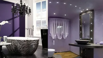 Фото фиолетовой ванной комнаты с просторным зеркалом