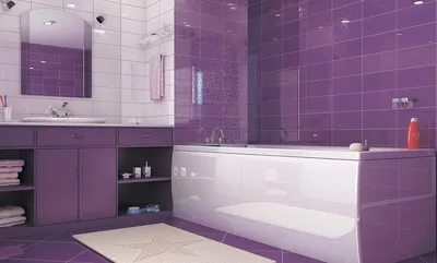 Фото фиолетовой ванной комнаты с удобной раковиной