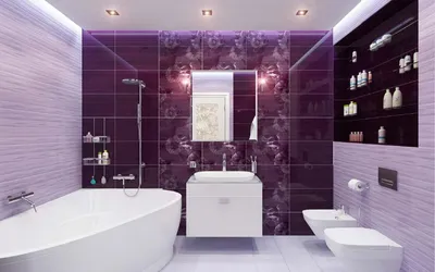Фото фиолетовой ванной комнаты с оригинальными полотенцами