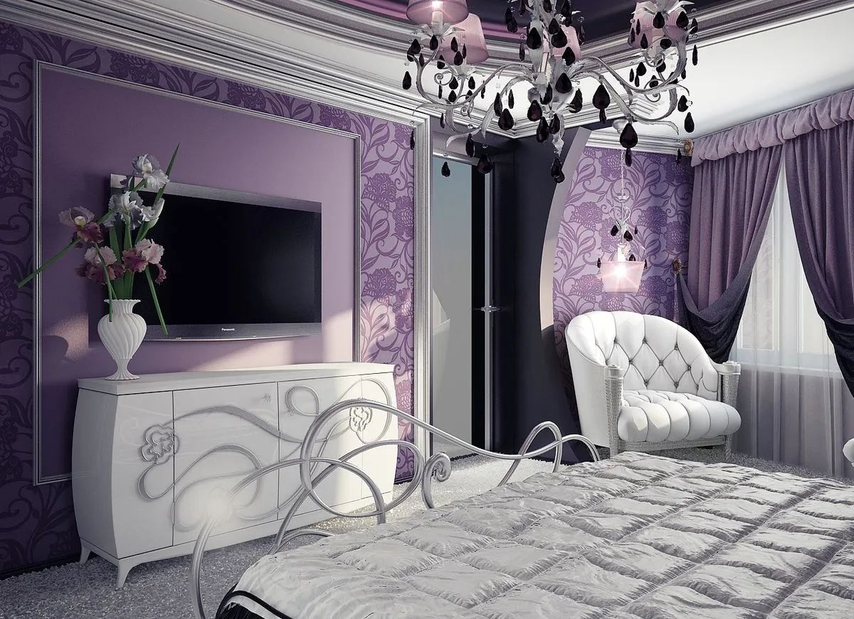 Фиолетовые белые обои. Спальня в сиреневых тонах. Спальня в фиолетовом стиле. Спальня в сиренево белых тонах. Фиолетовый интерьер спальни.