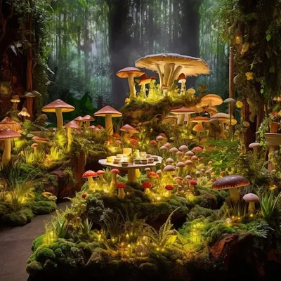 Арт: Эстетика грибной симфонии на зеленой поляне в лесу