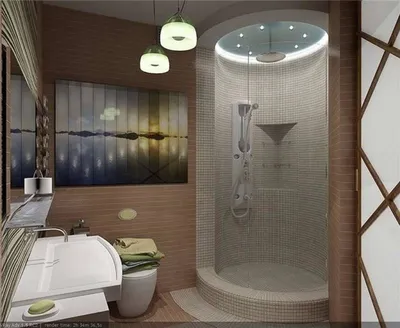 Интерьер ванной комнаты с душевой кабиной и туалетом: минимализм