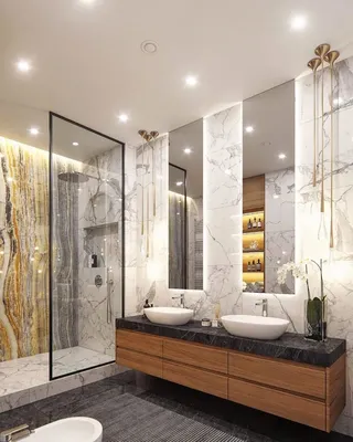 Современный и элегантный интерьер ванной комнаты с душевой кабиной