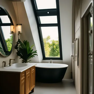 Фотография ванной комнаты с окном и элегантным интерьером