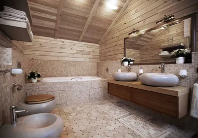 13) Фото ванной комнаты в деревянном доме: стильные интерьеры