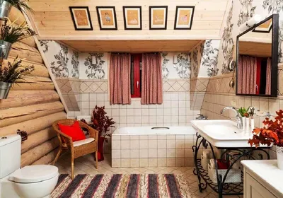 20) Фото ванной комнаты в деревянном доме: натуральные материалы