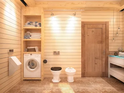 21) Фото ванной комнаты в деревянном доме: стиль скандинавского дизайна