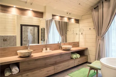 23) Фото ванной комнаты в деревянном доме: современный рустик