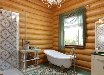 Интерьер ванной комнаты в деревянном доме фотографии