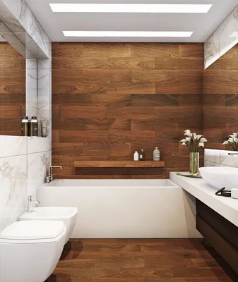 Керамогранит на стенах в ванной: фото с различными текстурами и оттенками