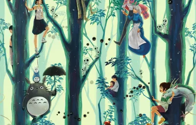 Изображения Хаяо Миядзаки с его анимационными персонажами