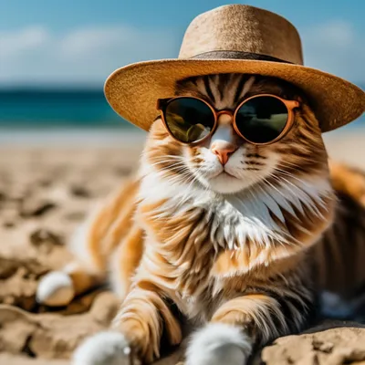 Кошка на пляже: выберите размер изображения и формат для скачивания (JPG, PNG, WebP)