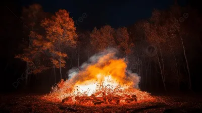 Под звездным светом: Костер в ночном лесу на фото (Новое изображение, скачать в WebP)