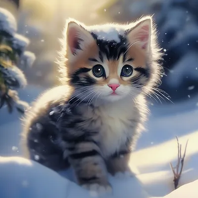 Зимний момент: Котенок на заднем плане снежного пейзажа