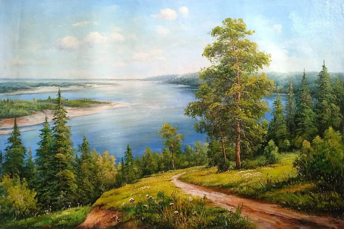Богатство волги. Волга пейзаж. Картина маслом река. Река Волга картина. Волга летний пейзаж.