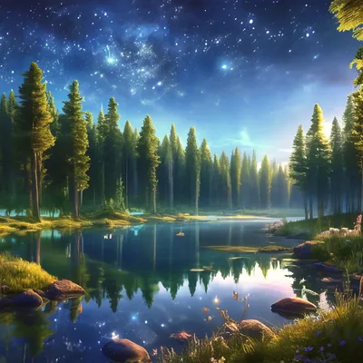 Фото озера в лесу, отражающего небо и деревья