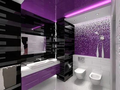 Фото лиловой ванной комнаты с разными размерами изображений