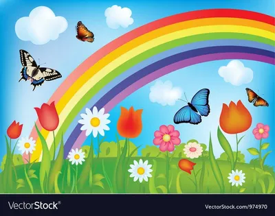 Фотография яркого пейзажа с бабочками и красивыми цветами в солнечный день